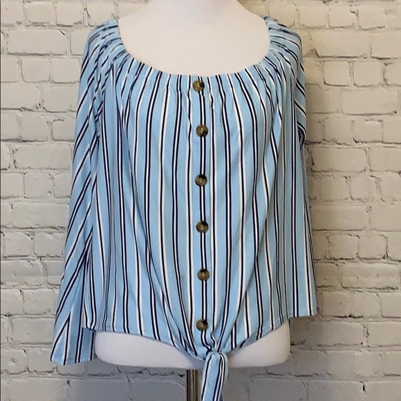 Tops - Light Blue 3/4 Sleeve Soft Blouse with Buttons Tops - Light Blue 3/4 Sleeve Soft Blouse with Buttons
